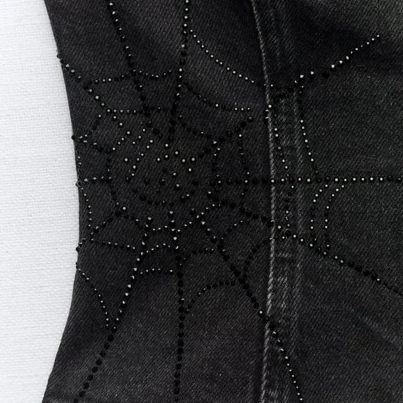 NWT TRF RHINESTONE SPIDERWEB STRAPLESS DENIM TOP - Picture 2 of 7